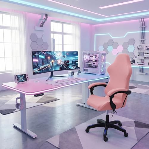 Gaming Chair Cover Set with Armrest Covers, Stretch Ruffled Slipcover for Racing Office Computer Reclining Chairs (Pink) - color: Pink