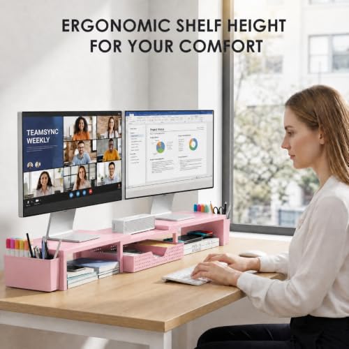 OPNICE Desk Organizers and Accessories, Dual Monitor Stand Riser with Drawer and 2 Pen Holders, Desk Shelf Wood Computer Racks for Office Workspace Organizers, Desktop Organization (Pink Wood) - color: Pink Wood