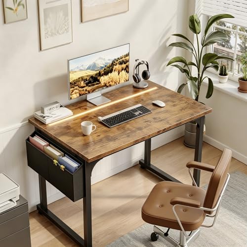 DurayLoly 32" Computer Desk with Waterproof LED Lights,Bedroom Study Desk for Teens,Dorm Room Essentials,Headphone Hook&Storage Bag for Small Spaces,Sturdy Metal Frame,Rustic Brown - color: Brown, size: 32 Inch