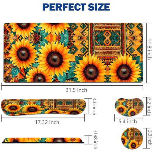 Large Mouse Pad + Keyboard Wrist Rest Set, Extended Gaming Mousepad (31.5X11.8 inch) with Non-Slip Rubber, Ergonomics Memory Foam Mouse Wrist Rest Support, Vintage Sunflower Boho Style XXL Desk Pad - color: Yu-Mouse Pad-3-B37