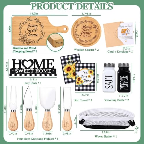 14 Pcs House Warming Gift New Home Gift Basket with Bamboo Serving Board, Dish Towels, Cheese Knife Set, Key Holder for Couples Women Men Clients, Closing Gift for Home Buyers, New Homeowner