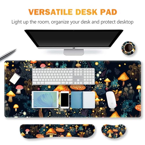 ARTSO Large Gaming Mouse Pad, Keyboard Wrist Rest Pad & Wrist Support Mousepad Set, Stitched Edge, Extended, Non-Slip Base, Memory Foam Desk Mat for Office, Home, Cute Mushrooms - color: Cute Mushrooms