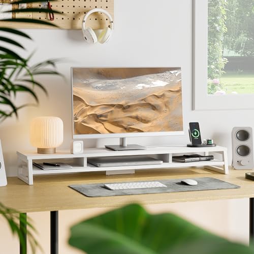 Fenge Dual Monitor Stand for Desk, 42.5in Large Monitor Riser for 2 Monitors, 2 Tier Computer Office Desk Top Shelf, Desktop Storage Stand for Laptop, PC, Computer, Printer - color: White