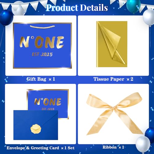 JWSCYSY 1th Blue Birthday Gift Bag with Card, Tissue Paper and Ribbon for Baby Boys First Birthday Party Favor, Presents Wrapping (12.6" EST 2025) - color: 1TH