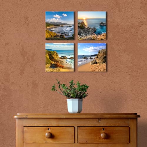 Oregon Coast Wall Art Coastal Beach Scenery Pictures for Bathroom Decor Ocean Sunset Landscape Paintings Canvas Prints Living Room Nature Seascape Artwork Bedroom Office Home Decorations 12x12" 4 Pcs - color: Beach, size: 12x12in