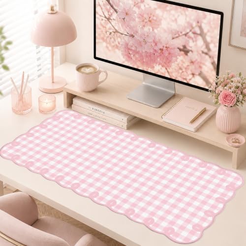 Cute Pink Scalloped Desk Mat Gingham Checkered Large Mouse Pad Kawaii Vintage Farmhouse-Inspired Cottagecore Office Desk Decor Stitched Nonslip Pad for Computer Keyboard & Mouse 31 * 15.7in - color: A1- Soft Pink