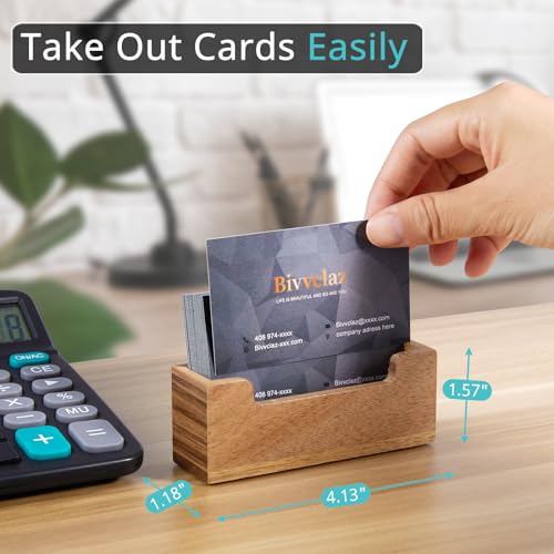 Bivvclaz Business Card Holder Desk, Acacia Wood Business Card Organizer Desktop Business Card Display Stand for Office Tabletop Exhibition, Small Business Essentials - color: Acacia
