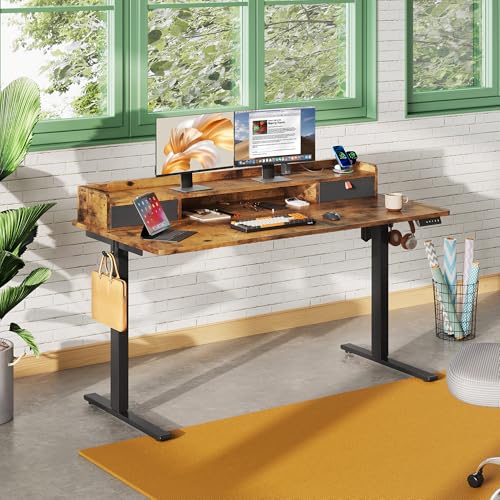 DEVAISE 55 Inch Electric Standing Desk with Shelf, Adjustable Computer Desk for Home Office, with LED Touchscreen,Headphone Hook, 3 Memory Preset, with One-Piece Desktop, Rustic Brown - color: Rustic Brown, size: 55 Inch / One-Piece Top/ with Shelf