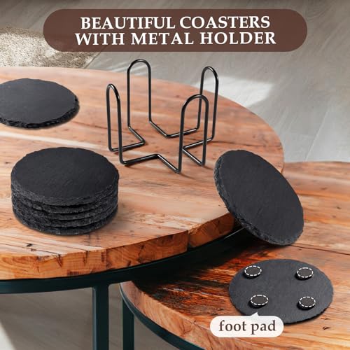 Slate Drink Coasters with Metal Holder, GOH DODD Set of 8 Black Coasters, 4 Inch Stone Coaster Set Tabletop Protection for Home Kitchen Apartment Bar Decor Housewarming Gifts Wedding Party, Round - color: Round Slate Coasters With Metal Holder