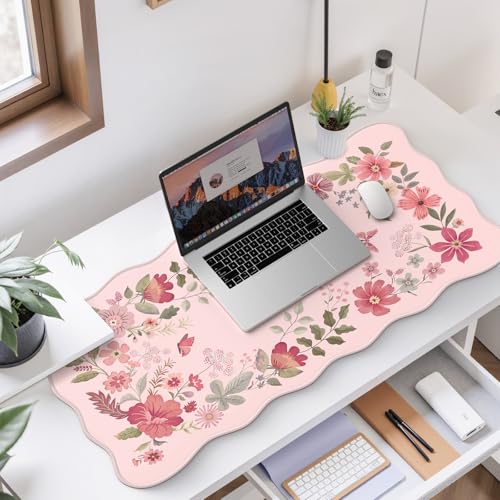 HAOCOO Desk Pad Mat, Pink Scalloped Desk Pad, Computer Desk Mat, Non-Slip Desk Pad for Keyboard and Mouse, Large Desk Mouse Pad with Egde Stitched, Waterproof Floral Keyboard Mat for Office (Hot Pink) - color: Hot Pink Wave
