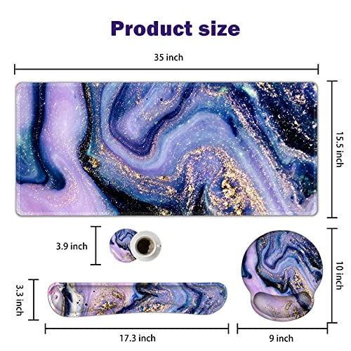 ARTSO Large Mouse Pad Ergonomic Keyboard Wrist Rest Support Combo, Memory Foam Gel Wrist Pad, Extended Desk Mat Protector, Non-Slip Desk Blotter, Purple Marble - color: Purple Marble