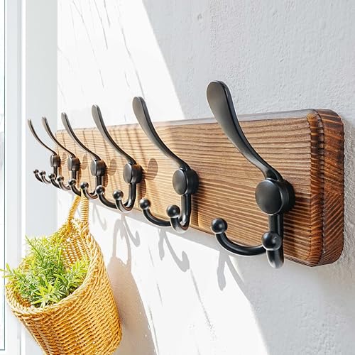 Dseap Coat Rack Wall Mounted - 24" Long 6 Tri Hooks, Heavy Duty Wooden Wall Coat Hanger Coat Hook for Clothes Hat Jacket Clothing, Natural and Black - color: Natural & Black, size: L=24"