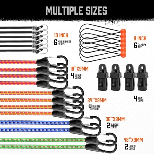 HORUSDY 28-Piece Premium Bungee Cords with Hooks, Includes 10”, 18”, 24”, 36”, 48”, Bungee Cord Assortment (10 to 48 Inch) - color: 28pcs 10"/18"/24"/36"/48" Multi-color