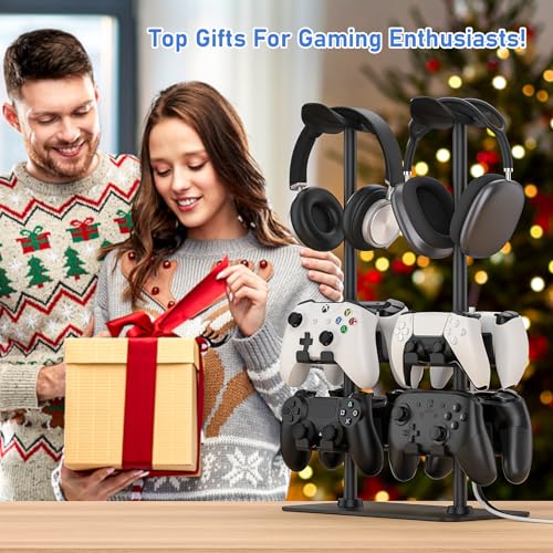 MANMUVIMO Headset Stand Controller Holder for 2 Headset and 8 Controller, Headphone Stand Gaming Controller Holder for PS5 Xbox Airpods Beats Bose, Gaming Room Accessories, Gamer Gifts for Men - size: 2 Headphone 8 Controller Holder Black