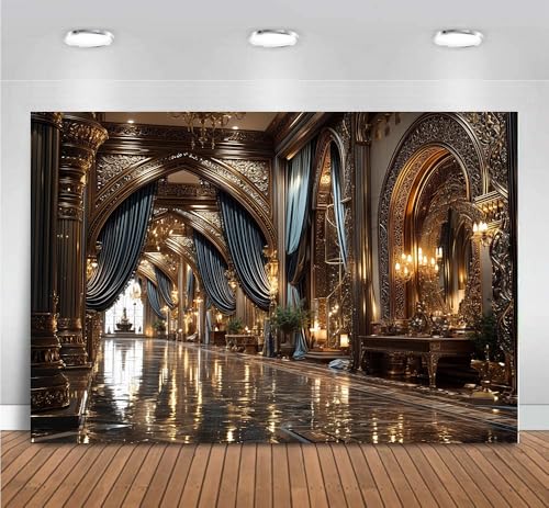 Luxury Royal Palace Hallway Polyester Backdrop for Photography, Golden Arches & Velvet Drapes, Baroque Castle Interior Scene with Marble Floor and Chandeliers 7x5ft