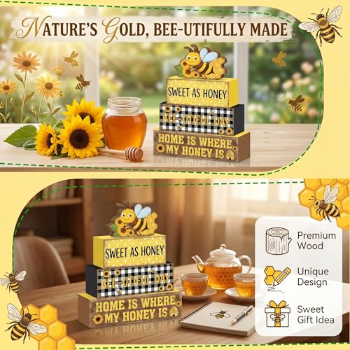 4 Pcs Bumble Bee Tiered Tray Decor Bee Sunflower Wooden Signs Yellow Farmhouse Shelf Sitters Spring Summer Table Centerpiece Honey Theme Decorations For Kitchen Living Room - style: Bee