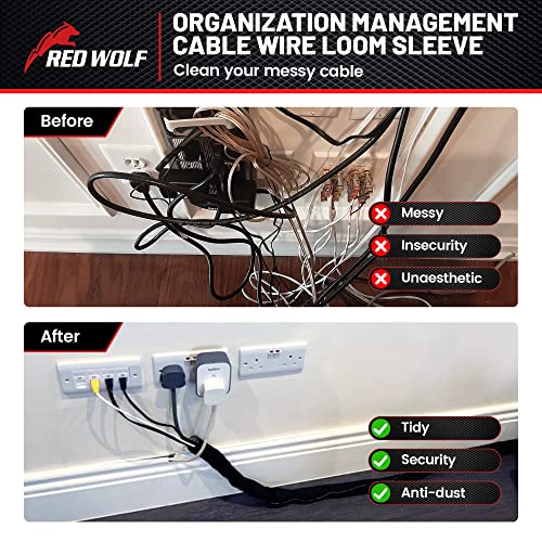 RED WOLF Cable Sleeves Cord Management Braided Wire Loom Split Sleeving 3/8 Inch x 10 FT Protector Wiring Cable Cover Flexible Self-Wrap for Automotive Home Office Anti-Scratch High-Temperature Black - size: 3/8" x 10FT