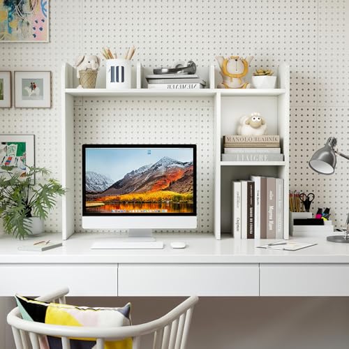 Giantex Desktop Bookshelf, Wood Desk Hutch Organizer for 27 Inch Computer Monitor, Countertop Storage Display Rack with 5 Shelves, Multipurpose Desktop Shelf Bookcase for Dorm Office Home, White - color: White, size: 5 Shelves (29"H)