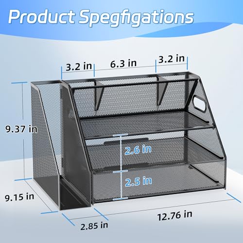 Docnest 3 Tier Metal Mesh Desk Organizer - Letter Tray with Built-in Pen Holder & Handle, Black - color: 3 Tier with File Holder-Black