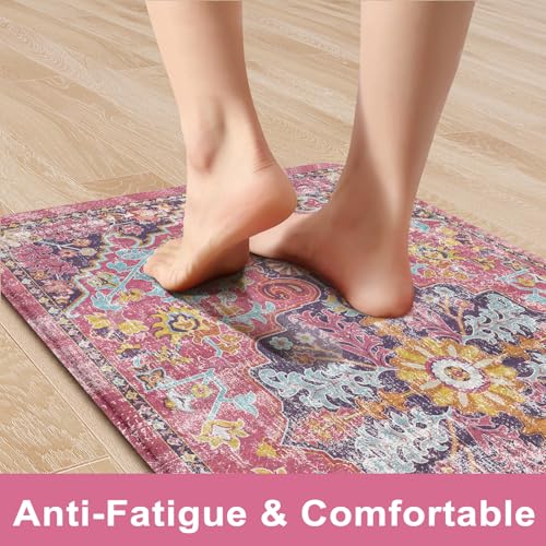 KIMODE Anti Fatigue Kitchen Mat, Cushioned Boho Kitchen Rugs Sets of 2, Non Slip Farmhouse Kitchen Mat for Floor, Waterproof Standing Desk Mat for Laundry, Office, Sink Fuchsia/Multi 17"x59"+17"x29" - color: Fuchsia/Multi, size: 17.3" x 59"+17.3" x 29"--0