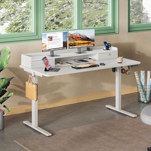 DEVAISE 55 Inch Electric Standing Desk with Shelf, Adjustable Computer Desk for Home Office, with LED Touchscreen, Headphone Hook, 3 Memory Preset, with One-Piece Desktop, White - color: White, size: 55 Inch / One-Piece Top/ with Shelf
