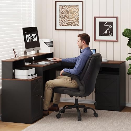 MALOL 63" Farmhouse L Shaped Executive Desk, Corner Computer Desk with Drawers & Storage Shelf, Home Office Desk with Power Outlet, Monitor Stand, Wood Grain Desktop, Black & Rustic Brown