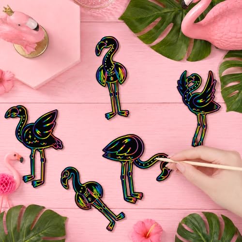 LUUFILx 80 Pcs Flamingo Scratch Cards Birthday Party Decorations Colorful Rainbow Scratch Paper Art with Wooden Stylus for Birthday Party Classroom DIY Activities - style: Flamingo