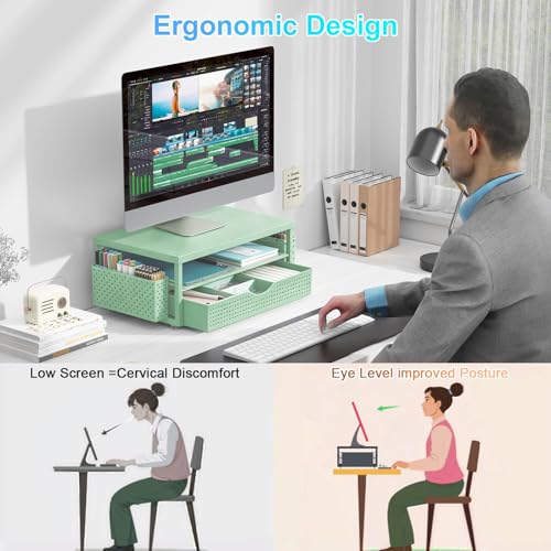 gianotter Desk Organizers and Accessories, Monitor Stand with Drawer and 2 Pen Holder, Desktop Organizer Suitable for Offices and Dormitories (Sage Green-Plain) - color: Sage Green-Plain