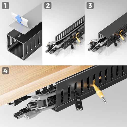 Yecaye 62.8in(4x15.7in) No-Drill Large Cable Management, Under Desk Cord Organizer with Adhesive, Open Slot Cable Raceway for Home/Office/Network, Black - size: 62.8in L* 1.96in W* 1.96in H