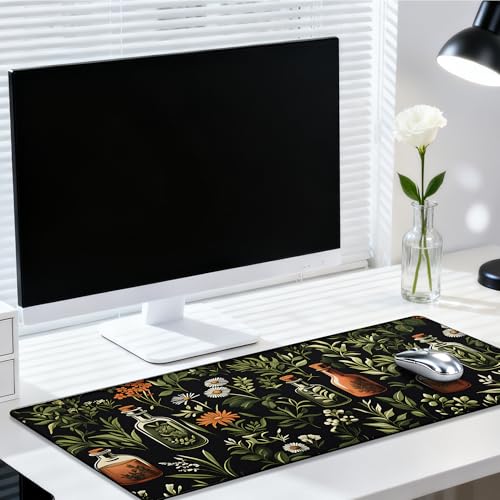 Wildflower Leaves and Bottles Gaming Mouse Pad 35.4 x 15.7 Inches with Non-Slip Rubber Base, Smooth Cloth Surface Desk Keyboard Mat for Computer, PC, Laptop, Desktop - color: Wildflower Leaves and Bottles