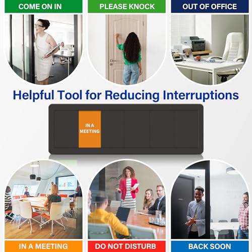 Office Door Signs with 6 Printed Status Options – Do Not Disturb, Out of Office, In a Meeting, Please Knock, Back Soon, Come on in – Includes Custom Personalized Blank Sticker for Privacy Workspace or Studio Available and Away - style: Black--Come on in