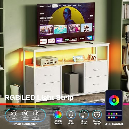 Huuger 47 Inch TV Stand Dresser with Power Outlets and LED Lights, 4 Drawers Entertainment Center with Open Shelf, Media Console for 55 50 Inch TV, Dresser with PU Finish, White - color: White, size: 47.2 Inches