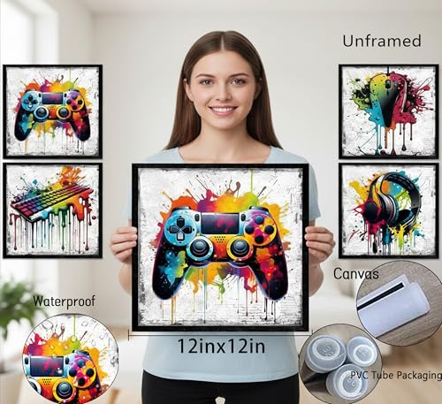 4Pcs Game Canvas Wall Art Graffiti Gamepad Headphones Poster Prints Retro Video Gaming Room Pictures Wall Decor for Gamer Boys Bedroom Kids Dorm Playroom Teen Men Cool Home Decoration 12x12in Unframed - color: Game Poster, size: 12"L x 12"W