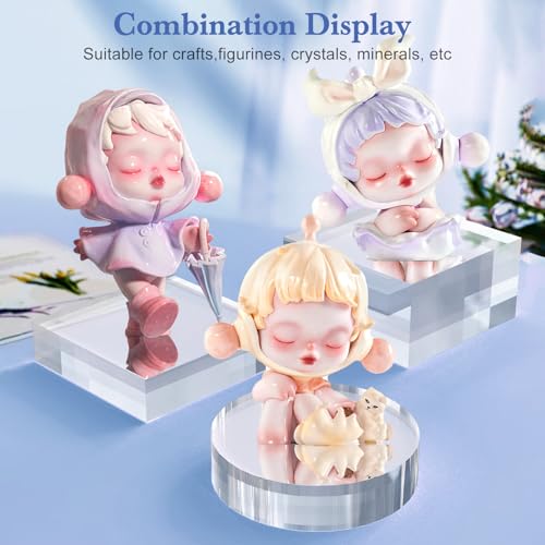 SAMYUCHO Acrylic Blocks 3 X 3 X 1 Inch 4 Pcs Acrylic Base Stand for Display Clear Block Round Riser Display Stands Pedestal Polished Cube for Jewelry trophy Props Collection Ring