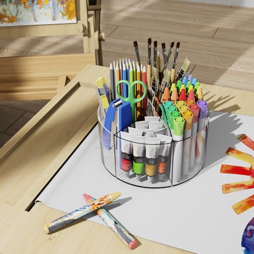 Mefirt Acrylic Pen Holder, 360 Degree Rotating Pen Organizer, Rotating Desk Acrylic Office Organizer with 6 Compartments, Marker Organizer for Kid, Crayon Caddy School Art Supply Storage Organizer - style: Clear-Large