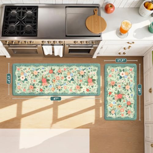 KIMODE Anti Fatigue Mats for Kitchen Floor 17"x47"+17"x29",Green Farmhouse Kitchen Rugs Sets of 2, Cushioned Kitchen Floor Mats Non Skid, Memory Foam Mats for Laundry Office Sink Desk - color: Flower/Green, size: 17.3" x 47"+17.3" x 29"--0.47 inches