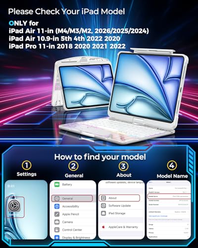 TSQQST Clear Keyboard Case for iPad Air 11 Inch (M4/M3/M2, 2026/2025/2024)/ iPad Air 5th/4th Generation 10.9" / iPad Pro 11" 1st/2nd/3rd/4th, Trackpad, Pencil Holder, 7-Color Backlit, Rotatable, White - color: Clear+White, size: Air11/10.9/Pro11 1/2/3/4
