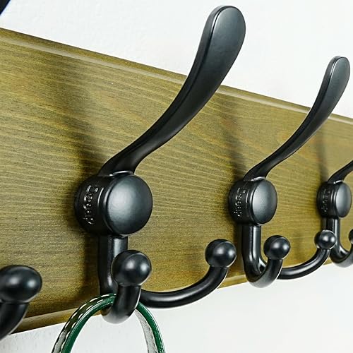 Dseap Wall Mount Coat Hanger - Heavy-Duty Robust Barnwood-Style Wooden Hook Rail with 5 Triple Hooks for Winter Coats, Hats, Jackets, Weathered Green & Black - color: Weathered Green & Black, size: L=17.4"