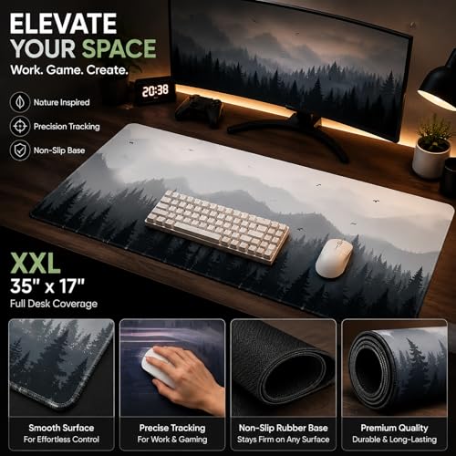 XXL Gaming Mouse Pad 35" x 17", Large Extended Desk Mat with Non-Slip Rubber Base, Misty Forest Landscape Mouse Pad for Gaming, Office, Laptop, Keyboard & Desktop Setup - color: blue, size: 17L x 35W inches