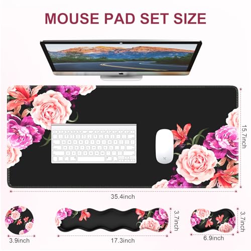 iLeadon Mouse Pad Set, Desk Mat + Mouse Pad with Wrist Rest + Keyboard Wrist Rest + Coaster, Mouse and Keyboard Pad Set with Stitched Edge & Non-Slip Base, Desk Pad Mat for Work Gaming, Peony Flower - color: Peony Flower
