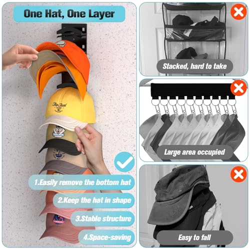 Hat Organizer for Baseball Caps, Hat Rack for Wall with Strong Adhesive Hold up to 10 Hats, Hat Hanger Holder Display for Door Closet, Cap Organizer Storage Multilayer Two Mounting Option(Black) - color: Black, style: 1pcs