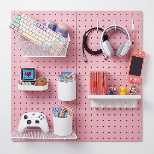Pegboard Wall Organizer, 4 x11” x 11” ABS Peg Board Wall Organizer with Hooks, Shelves & Baskets, Drill or Adhesive Mount, 110 lbs Heavy Duty Wall Storage for Kitchen, Garage, Bathroom, Office (Pink) - color: Pink