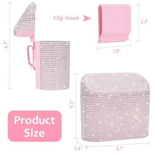 Accmor Bling Car Trash Can with Lid, Leakproof Mini Vehicle Trash Bin Automotive Dustbin Organizer Storage, Sparkling Crystal Rhinestone Trash Bag Container with 30pcs Garbage Bags Car Accessories - color: Light Pink/White Rhinestone