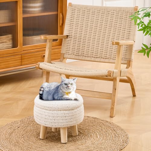 Wimarsbon Pouf Ottoman, 100% Cotton Knitted Boho Footstool, Round Footrest with Non-Skid Wood Legs, Home Décor Handmade Pouffe, Leisure Floor Step Stool for Living Room (Storage Beige) - color: Storage Beige