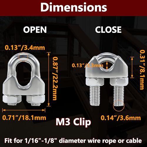 20PCS 1/8 Inches M3 Stainless Steel Wire Rope Cable Clip Clamp - size: M3 Clips-20PCS