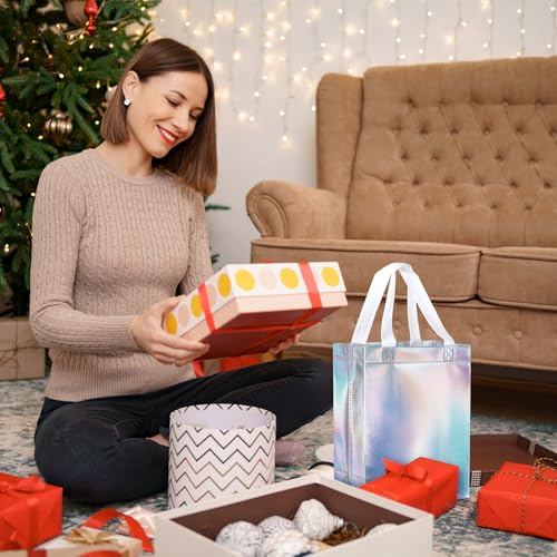 NEOACT 30 Pcs Iridescent Gift Bags Medium Size,Glossy Holographic Reusable Gift Bags with Handles,Ideal Goodie Bag for Birthday,Wedding,Christmas,Party Favor - 7.8x3.9x10 Inch