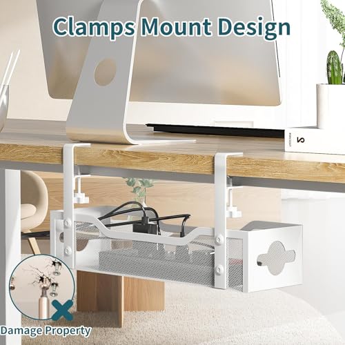 Under Desk Cable Management Tray 3 Pack, Cable Management Under Desk No Drill, Cable Organizer with Clamp for Wire Management, Cord Organizer for Office, Home - No Damage to Table (White) - color: White, size: 13.38"-3pack