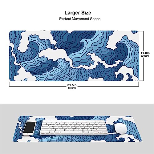 Japanese Blue and White Wave Gaming Mouse Pad XL, Non Slip Rubber Base Mousepad, Stitched Edges Desk Pad, Extended Large Mice Pad,31.5 X 11.8 Inch
