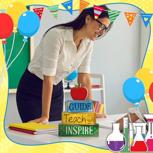 Yuntau 4 Pcs Back to School Gift Wooden Apple Table Decor Teacher Appreciation Gift Apple Tiered Tray Decor Guide Teach Inspire Block Sign First Day of School Gifts for Teachers Office Classroom - style: Apple
