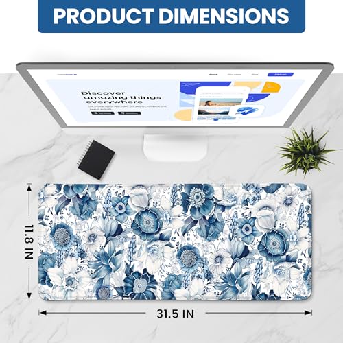 Large Mouse Pad for Desktop, Cute Desk Mat Pad Protector for Work & Gaming, Aesthetic Pretty Anti-Slip Laptop Blotter Cover for Office School Home Supplies, Blue Floral, 31.5" x 11.8" - color: G-Blue Floral, size: 31.5L x 11.8W inches